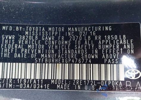 2016 Toyota Corolla L from USA, damaged, VIN 5YFBURHEXGP476774